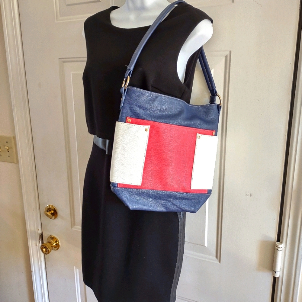 Signature Leather Blue, White, Red Colorblock Purse
